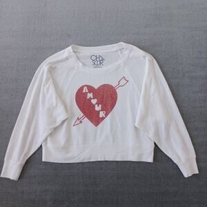 Chaser Amour Sweater Womens Small White Faded Logo Slouchy Relaxed Wide Neck